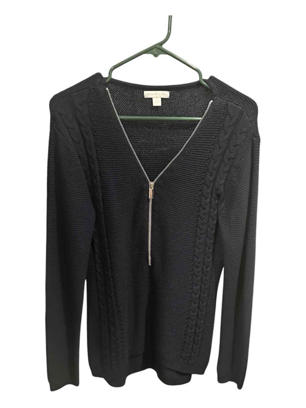 New York & Company Navy Blue V-Neck Zip Cable Knit Sweater